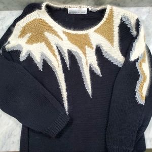 Vintage 80s Tunic Sweater w/Shoulder Pads- B/W/Gold/Silver - SZ Med